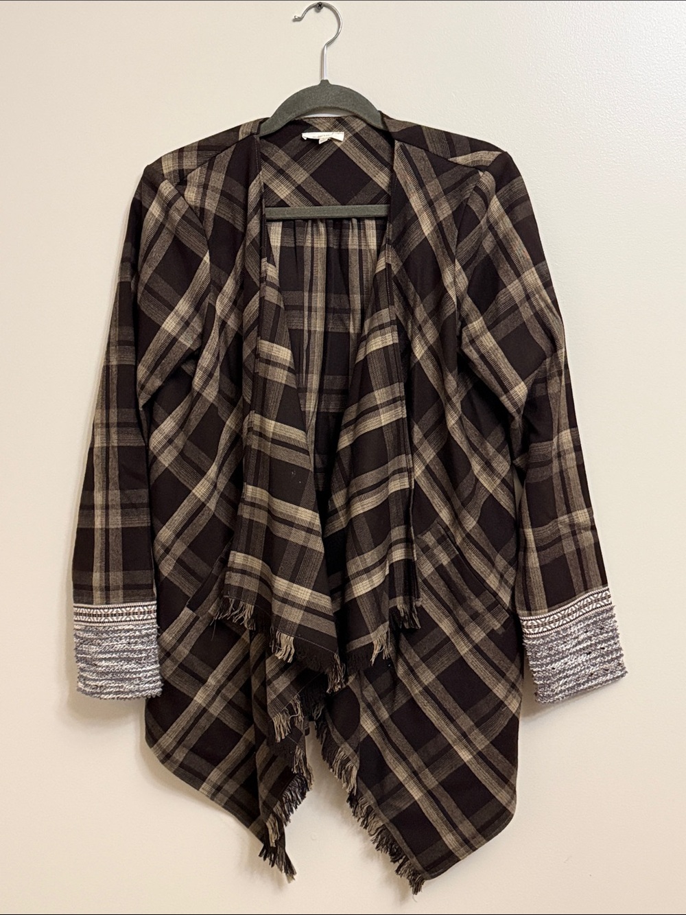 Mystree Black and Taupe Plaid Draped Cardigan